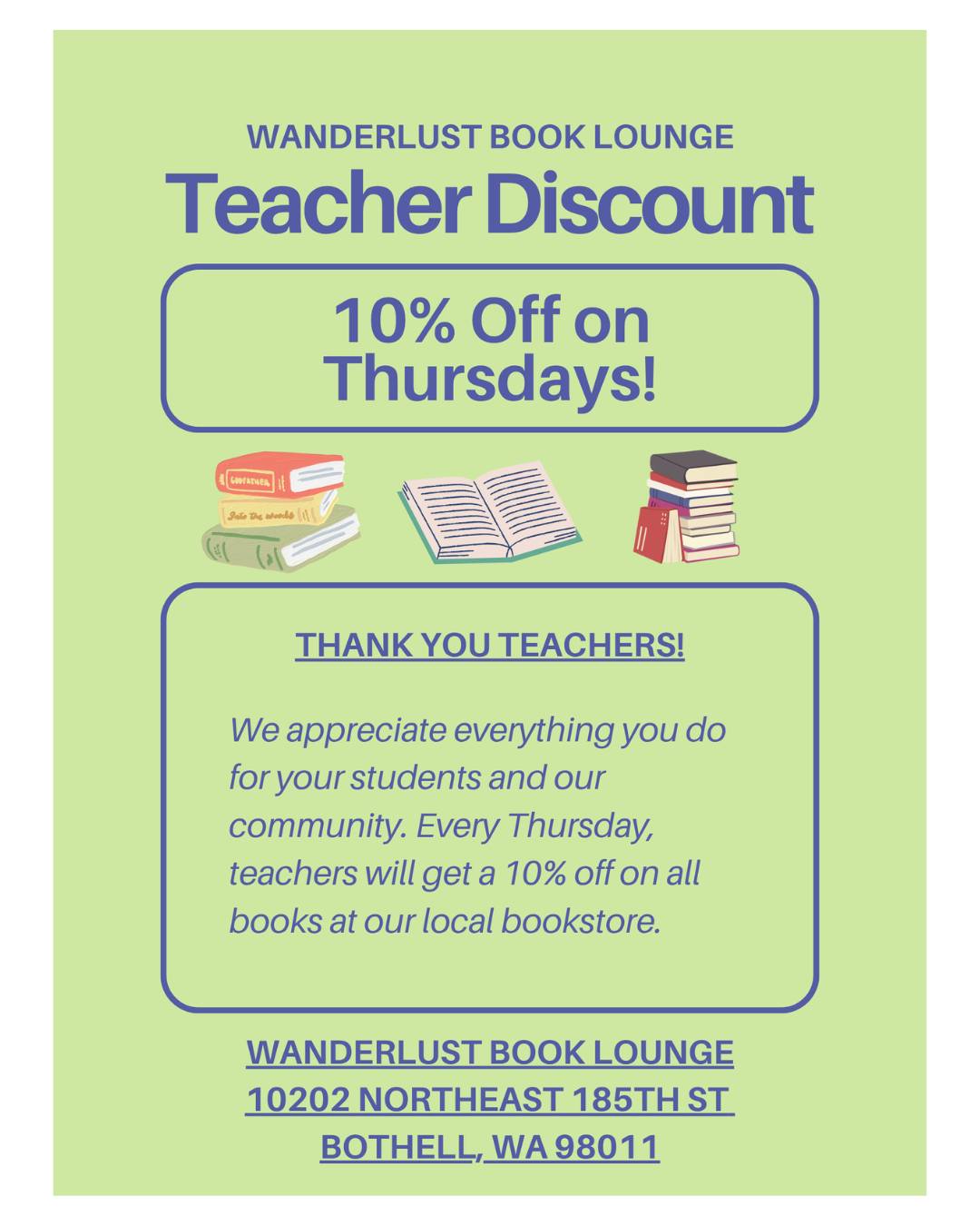 Attention ALL teachers, it’s your Thursday treat! Swing by @wanderlust_book_lounge  in downtown Bothell and enjoy 10% off your next book every Thursday.

#nsd #northshore #northshoreschoolsfoundation