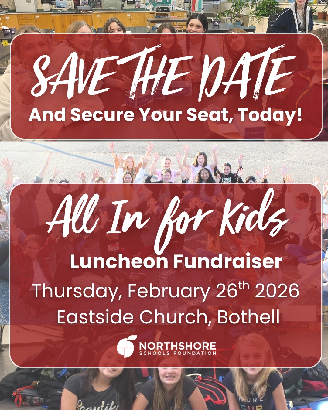 IT’S BACK! All In for Kids Luncheon Fundraiser is happening Thursday, Feb. 26, 2026! And registration is open!

This year, we’re making it interactive, and we want YOU in on the fun! Play audience games, enjoy an engaging program, bid on a 7 day online auction (opens Monday, Feb. 23, 2026), and join a short Live Auction, all designed to get you involved while supporting Northshore students, teachers, and classrooms.

Registration is OPEN, so save your seat today!

RSVP: Link in bio

Questions? Email: kimm@nsdfoundation.org

#nsd #northshoreschoolsfoundation #northshore