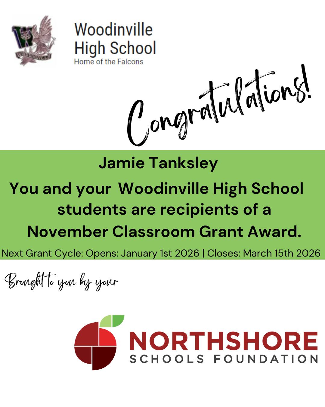 Congrats Jamie!

Meet the Foundation's 2025 Fall Grant Winners: Link in bio

Our spring grant cycle opens on Jan. 1, 2026.

Together, All In for Kids!

#nsdfoundation #northshoreschoolsfoundation #classroomgrant