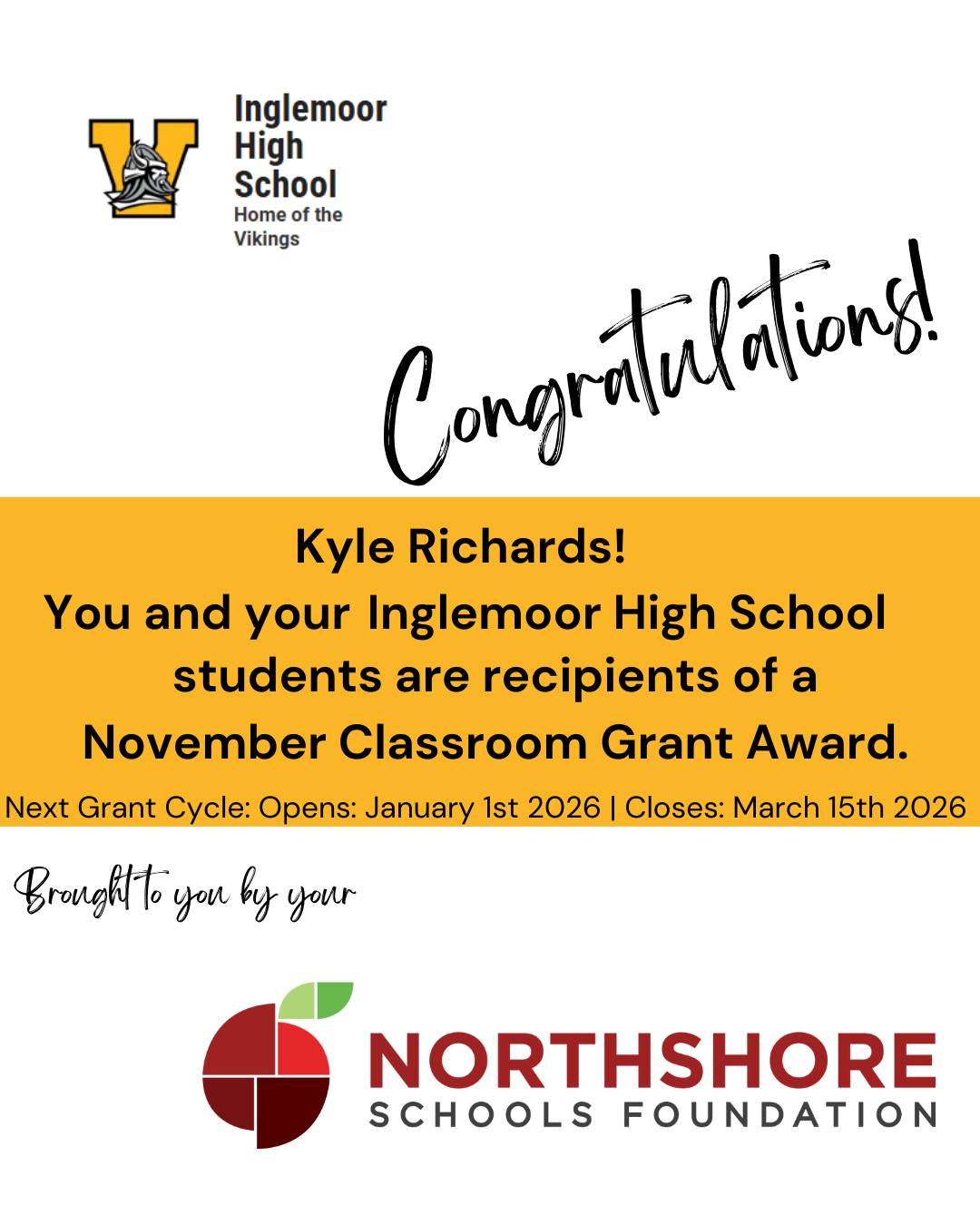Congrats Kyle!

Meet the Foundation's 2025 Fall Grant Winners: Link in bio

Our spring grant cycle opens on Jan. 1, 2026.

Together, All In for Kids!

#nsdfoundation #northshoreschoolsfoundation #classroomgrant