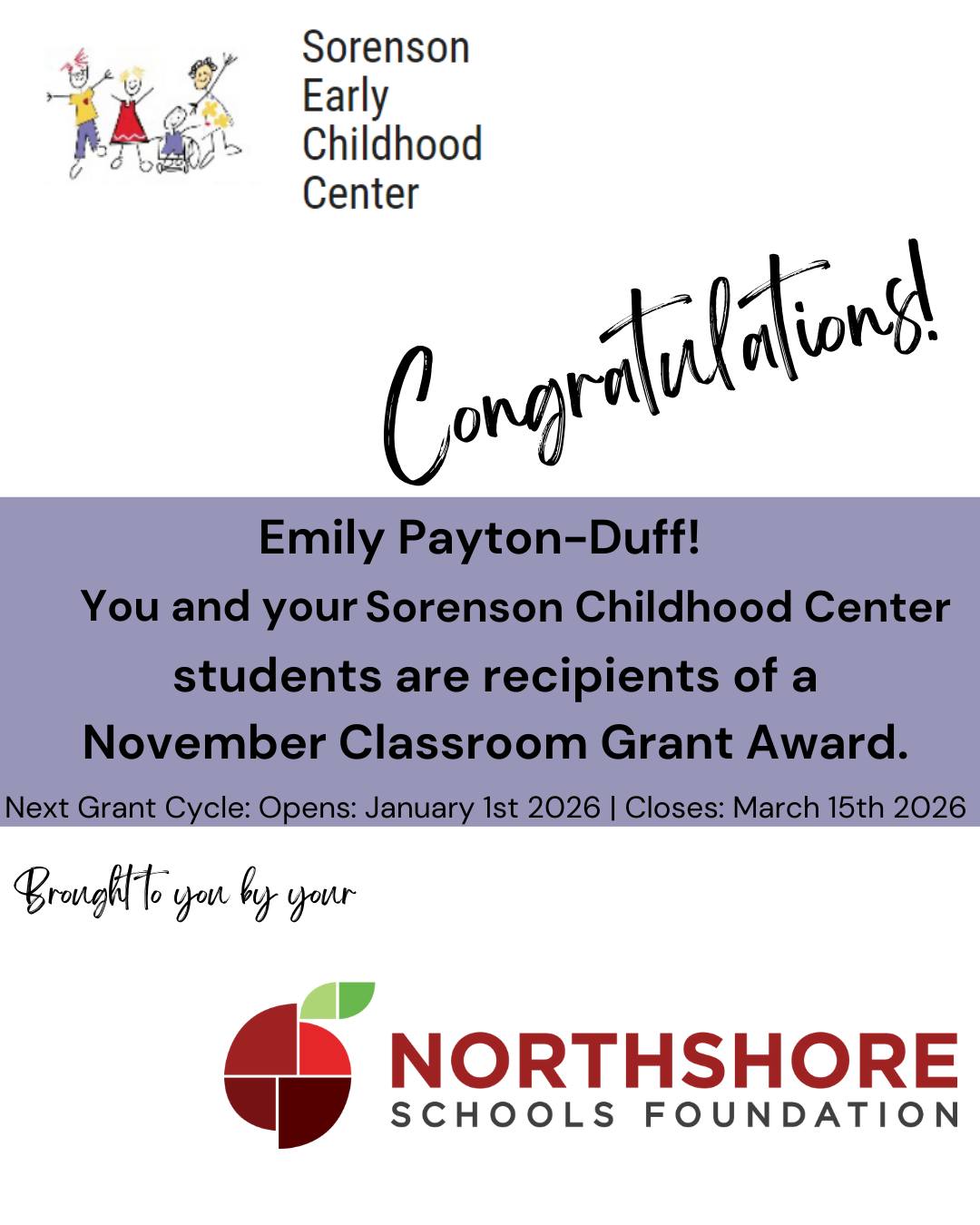 Congrats Emily!

Meet the Foundation's 2025 Fall Grant Winners: Link in bio

Our spring grant cycle opens on Jan. 1, 2026.

Together, All In for Kids!

#nsdfoundation #northshoreschoolsfoundation #classroomgrant