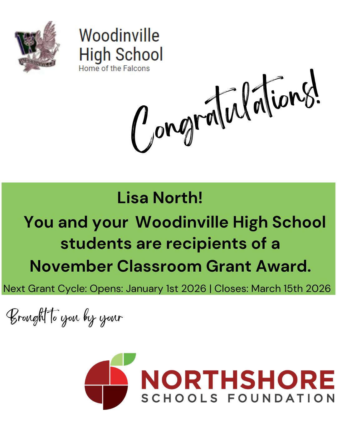 Congrats Lisa!

Meet the Foundation's 2025 Fall Grant Winners: Link in bio

Our spring grant cycle opens on Jan. 1, 2026.

Together, All In for Kids!

#nsdfoundation #northshoreschoolsfoundation #classroomgrant
