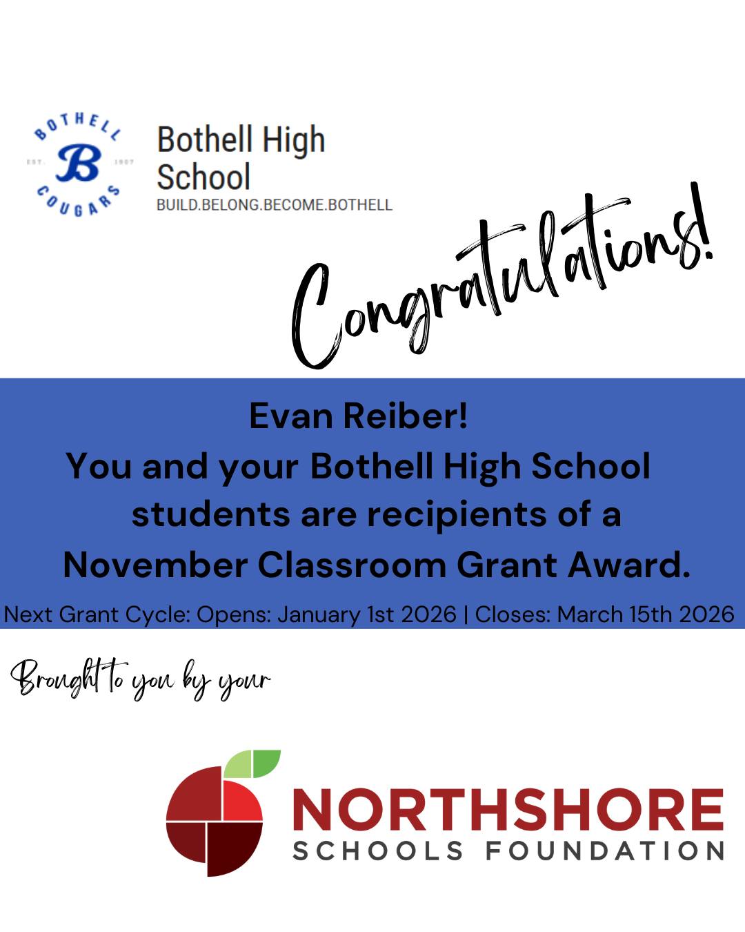 Congrats Evan!

Meet the Foundation's 2025 Fall Grant Winners: Link in bio

Our spring grant cycle opens on Jan. 1, 2026.

Together, All In for Kids!

#nsdfoundation #northshoreschoolsfoundation #classroomgrant