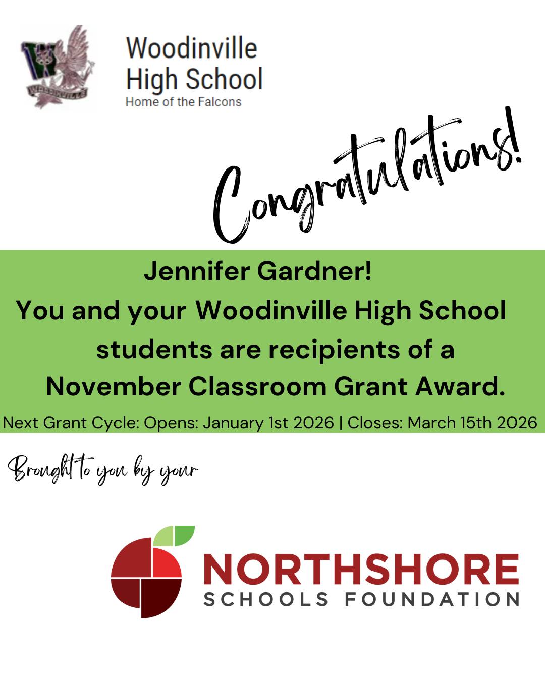 Congrats Jennifer!

Meet the Foundation's 2025 Fall Grant Winners: Link in bio

Our spring grant cycle opens on Jan. 1, 2026.

Together, All In for Kids!

#nsdfoundation #northshoreschoolsfoundation #classroomgrant