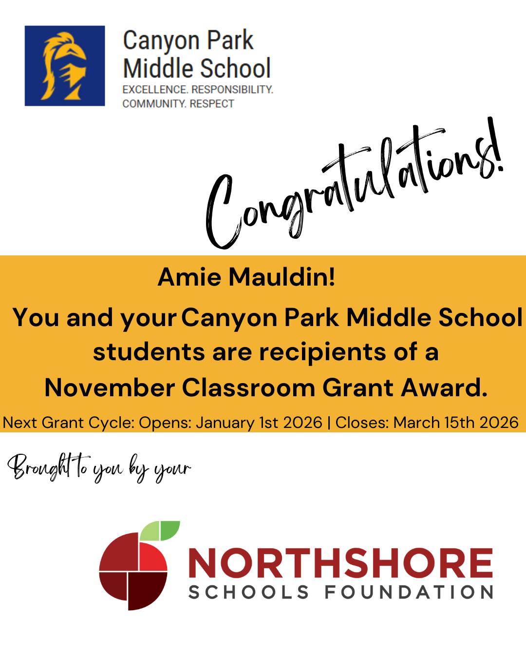 Congrats Amie!

Meet the Foundation's 2025 Fall Grant Winners: Link in bio

Our spring grant cycle opens on Jan. 1, 2026.

Together, All In for Kids!

#nsdfoundation #northshoreschoolsfoundation #classroomgrant