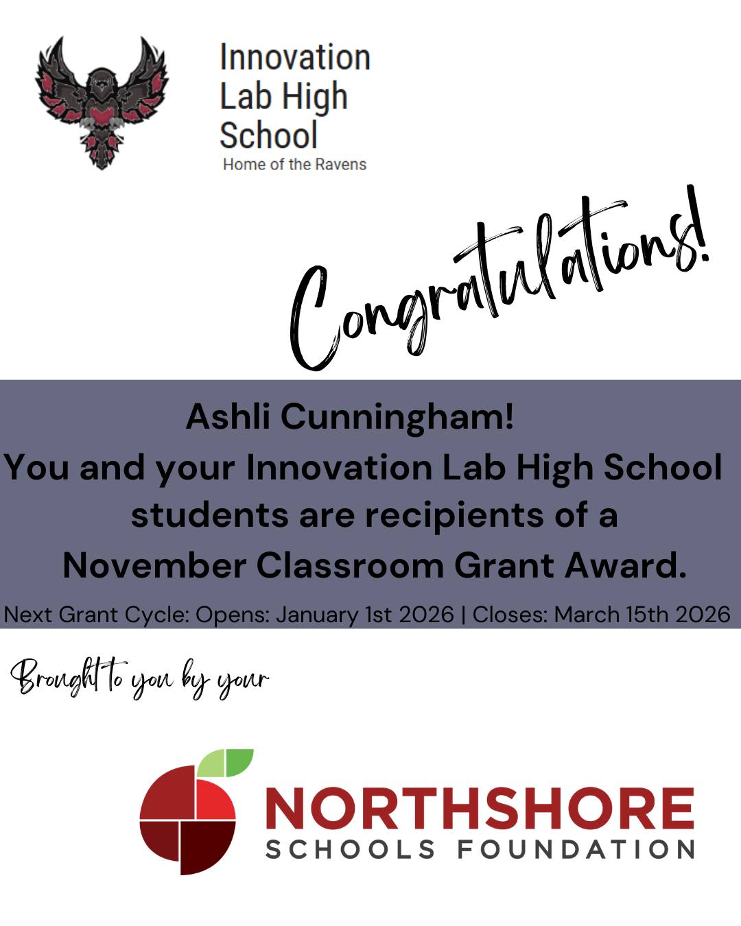 Congrats Ashli!

Meet the Foundation's 2025 Fall Grant Winners: Link in bio

Our spring grant cycle opens on Jan. 1, 2026.

Together, All In for Kids!

#nsdfoundation #northshoreschoolsfoundation #classroomgrant