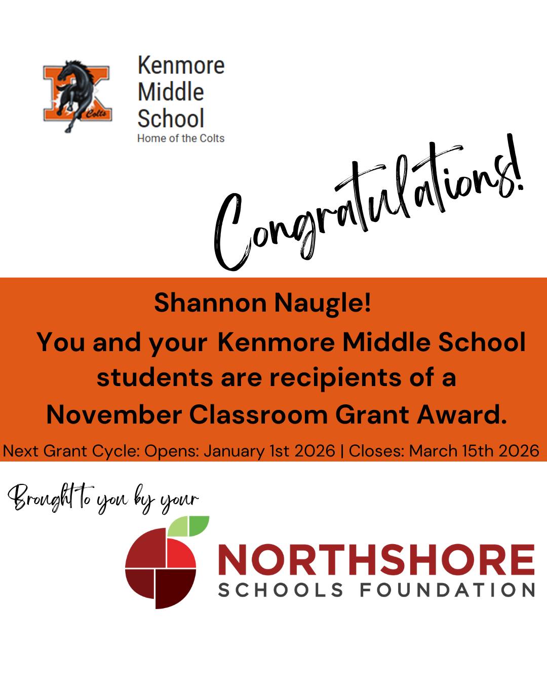 Congrats Shannon!

Meet the Foundation's 2025 Fall Grant Winners: Link in bio

Our spring grant cycle opens on Jan. 1, 2026.

Together, All In for Kids!

#nsdfoundation #northshoreschoolsfoundation #classroomgrant