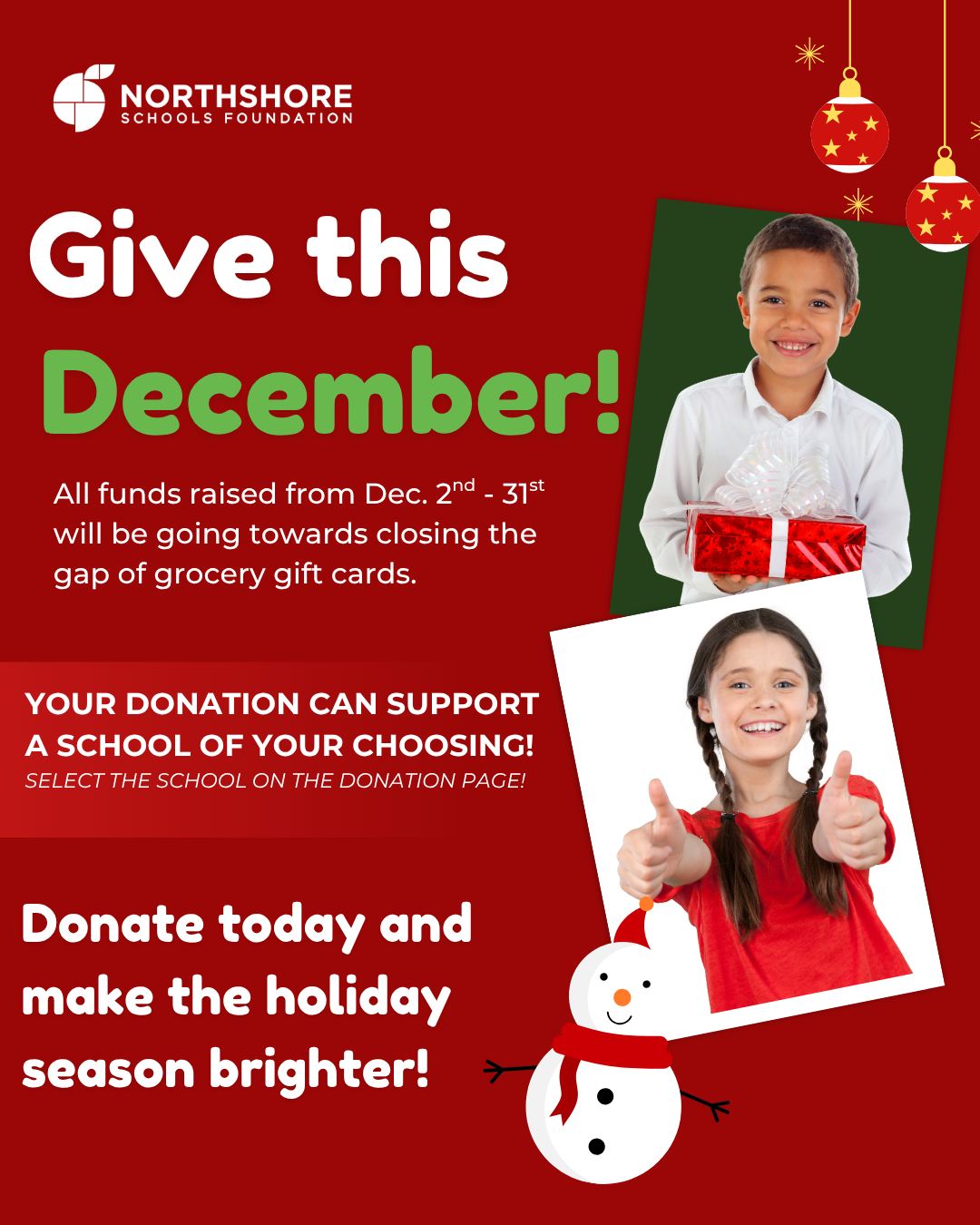 We're celebrating GivingTuesday all December! All donations to our Removing Barriers to Education pillar will provide grocery gift cards to Northshore families experiencing food insecurity.

Your gift will bring comfort, holiday cheer, and a full table to a local family.

Give through Wednesday, Dec. 31, 2025

Donate today: Link in bio

Let's Be All In for Kids!

#northshore #nsd #northshoreschoolsfoundation