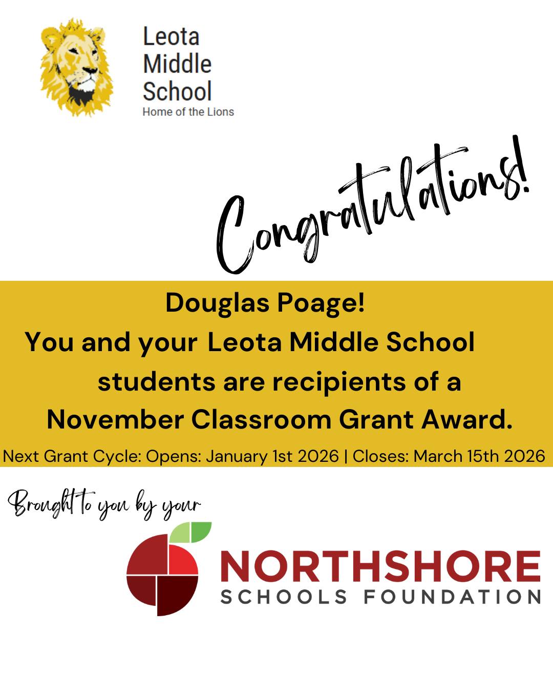 Congrats Douglas!

Meet the Foundation's 2025 Fall Grant Winners: Link in bio

Our spring grant cycle opens on Jan. 1, 2026.

Together, All In for Kids!

#nsdfoundation #northshoreschoolsfoundation #classroomgrant