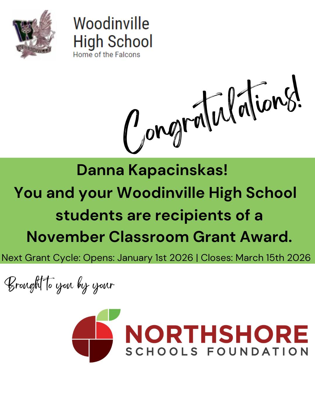 Congrats Danna!

Meet the Foundation's 2025 Fall Grant Winners: https://bit.ly/4re4a8s

Our spring grant cycle opens on Jan. 1, 2026.

Together, All In for Kids!

#nsdfoundation #northshoreschoolsfoundation #classroomgrant