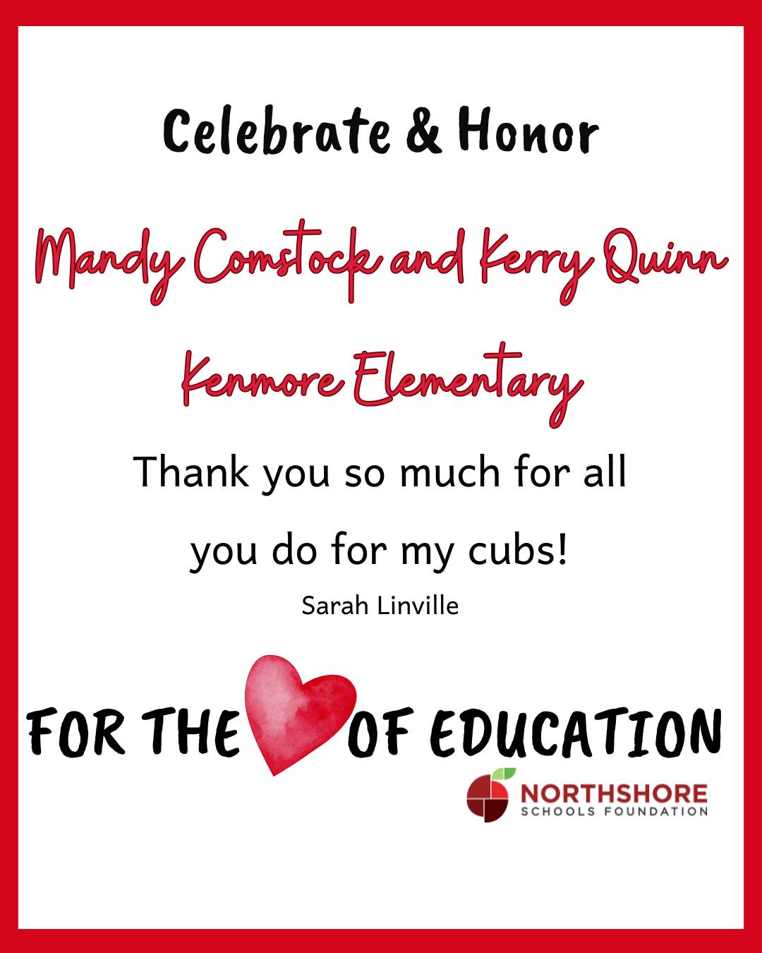 Mandy and at Kerry at Kenmore Elementary got a shoutout in our For the Love of Education campaign!

The donation goes directly into a special fund for future classroom grants designated for that teacher's school or program.

Remember, anyone can donate to the Foundation in honor of any Northshore educator, school, or staff member in February!

Donate today: Link in bio

Thank you for celebrating education throughout February!

#northshoreschoolsfoundation #fortheloveofeducation
