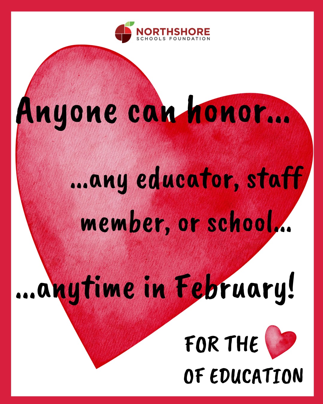 For the Love of Education! Anyone can honor a teacher, staff member, or school in the Northshore School District with a donation to the Foundation in their name.

Best part: Every dollar goes directly to funding classroom grants at their school or program, supporting students and innovative learning!

Make your donation today and let them know they're appreciated!

Honor and donate today: Link in bio

Questions? Email: kimm@nsdfoundation.org

#northshoreschoolsfoundation #forthelove