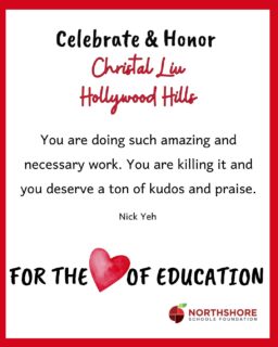 Christal Liu at Hollywood Hills got a shoutout in our For the Love of Education campaign!

The donation goes directly into a special fund for future classroom grants designated for that teacher's school or program.

Remember, anyone can donate to the Foundation in honor of any Northshore educator, school, or staff member in February!

Donate today: Link in bio

Thank you for celebrating education throughout February!

#northshoreschoolsfoundation #fortheloveofeducation