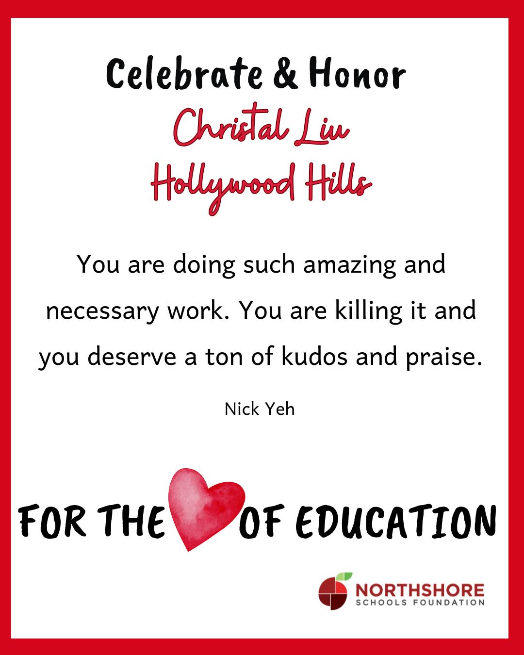 Christal Liu at Hollywood Hills got a shoutout in our For the Love of Education campaign!

The donation goes directly into a special fund for future classroom grants designated for that teacher's school or program.

Remember, anyone can donate to the Foundation in honor of any Northshore educator, school, or staff member in February!

Donate today: Link in bio

Thank you for celebrating education throughout February!

#northshoreschoolsfoundation #fortheloveofeducation