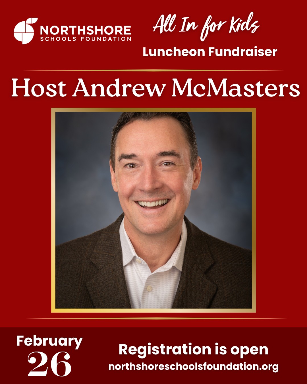 We're thrilled to have Andrew McMasters bringing the energy and hosting our All In for Kids luncheon!

Andrew McMasters brings 30+ years of arts experience as an actor, director, and entrepreneur to every event he hosts. As founder of Jet City Improv and creator of Improv Mindset, he's partnered with organizations like Amazon, Microsoft, and Google to deliver engaging auctions and emcee services that make fundraising events unforgettable.

Come see Andrew in action! Secure your seat to our All In for Kids luncheon, today!

RSVP: Link in bio

All In for Northshore!

Question? Email: kimm@nsdfoundation.org

#northshoreschoolsfoundation #northshore