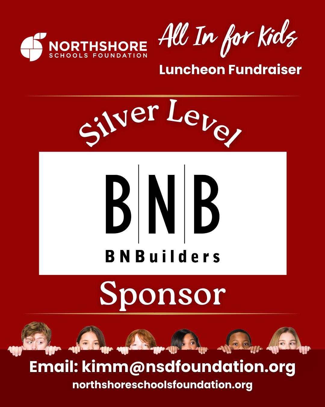 We're thrilled to welcome @bnbuilders  as a Silver Level Sponsor of our All In for Kids Luncheon on Feb. 26th!

Thank you for joining our community of supporters who are making a real difference for Northshore students.

Sponsorship opportunities are still available, join us in investing in the next generation!

Contact: kimm@nsdfoundation.org

Learn more: Link in bio

Together, All In for Kids, always!

#northshore #nsd #northshoreschoolsfoundation