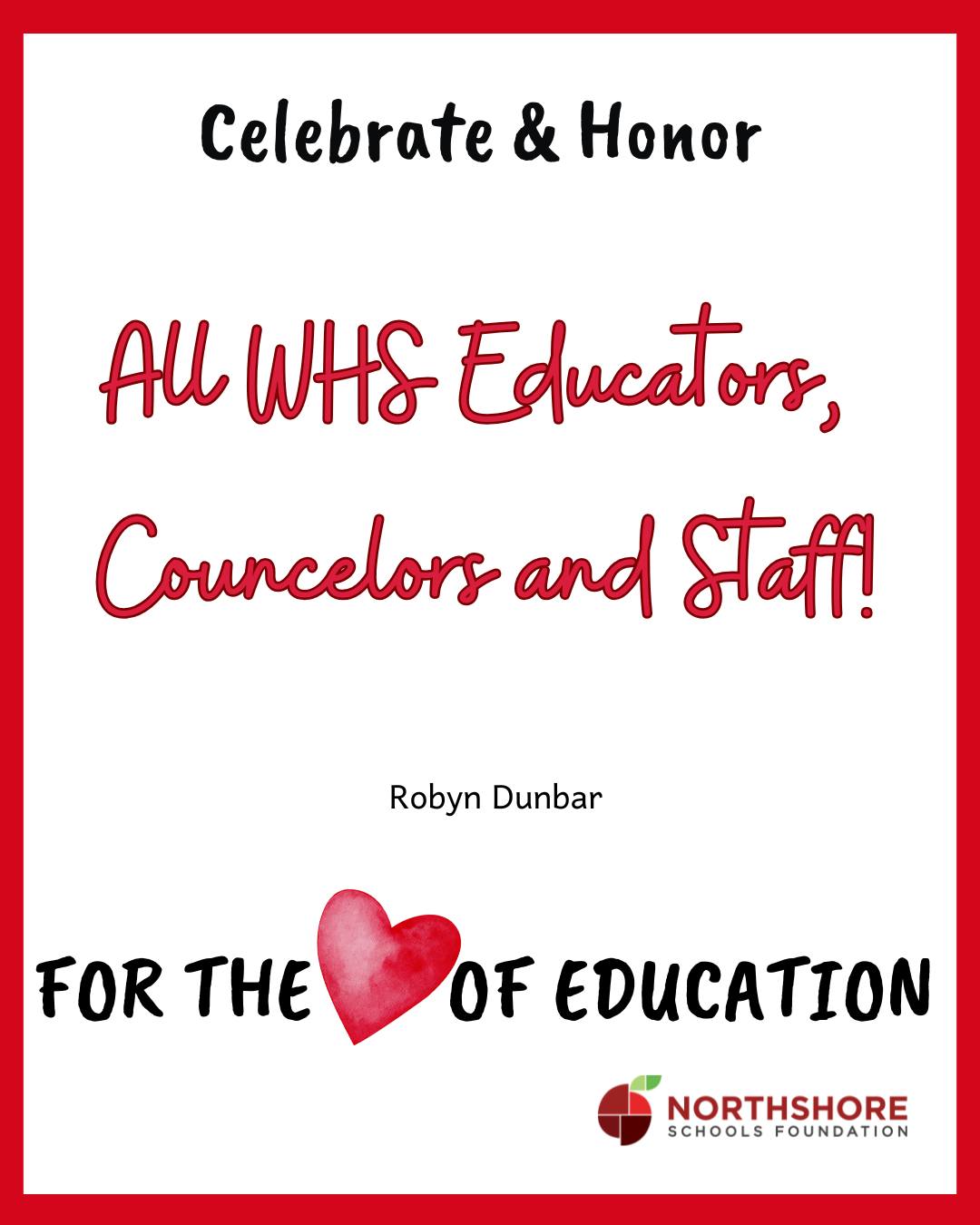 All Woodinville HS educators, counselors, and staff got a shoutout in our For the Love of Education campaign!

The donation goes directly into a special fund for future classroom grants designated for that teacher's school or program.

Remember, anyone can donate to the Foundation in honor of any Northshore educator, school, or staff member in February!

Donate today: Link in bio

Thank you for celebrating education throughout February!

#northshoreschoolsfoundation #fortheloveofeducation