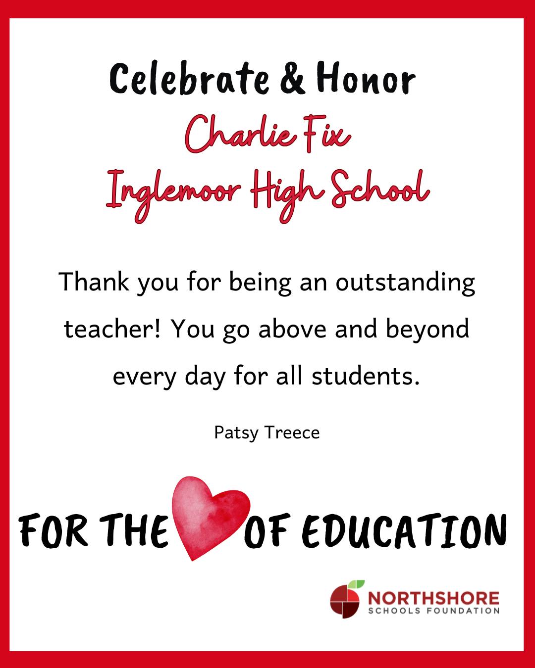 Charlie Fix at Inglemoor HS got a shoutout in our For the Love of Education campaign!

The donation goes directly into a special fund for future classroom grants designated for that teacher's school or program.

Remember, anyone can donate to the Foundation in honor of any Northshore educator, school, or staff member in February!

Donate today: Link in bio

Thank you for celebrating education throughout February!

#northshoreschoolsfoundation #fortheloveofeducation