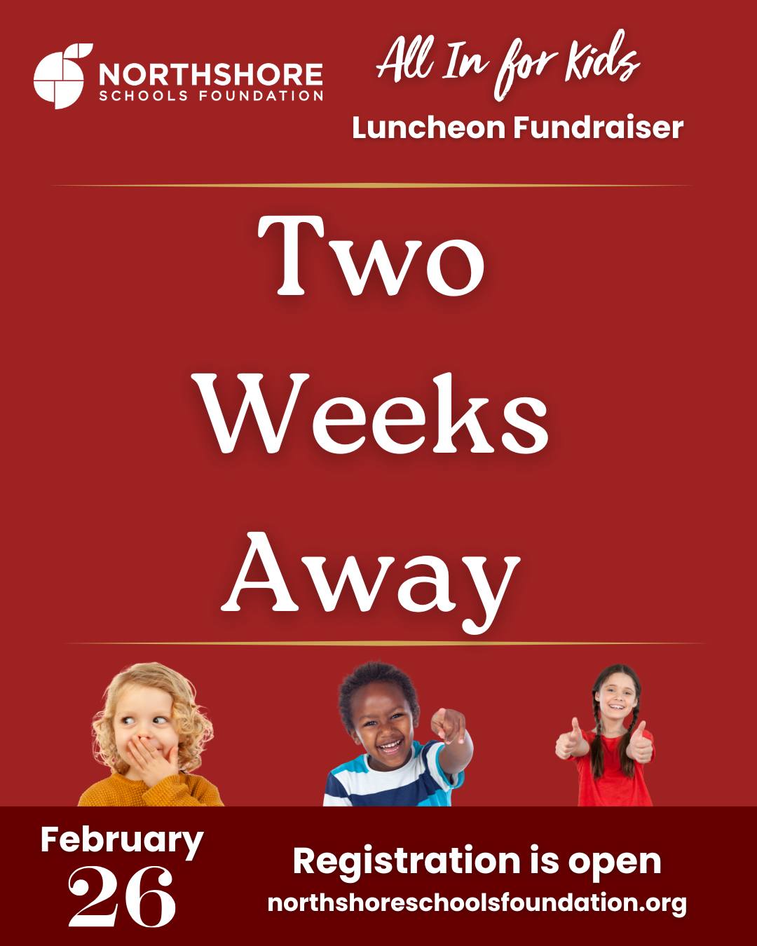 You're Invited: All In for Kids Luncheon fundraiser. Join us in exactly two weeks, February 26, 2026 at Eastside Church in Bothell.

Secure your seat today! Admission is free with a suggested donation to support our service work for Northshore kids.

RSVP today: Link in bio

Questions? Email: kimm@nsdfoundation.org

#northshoreschoolsfoundation #northshore