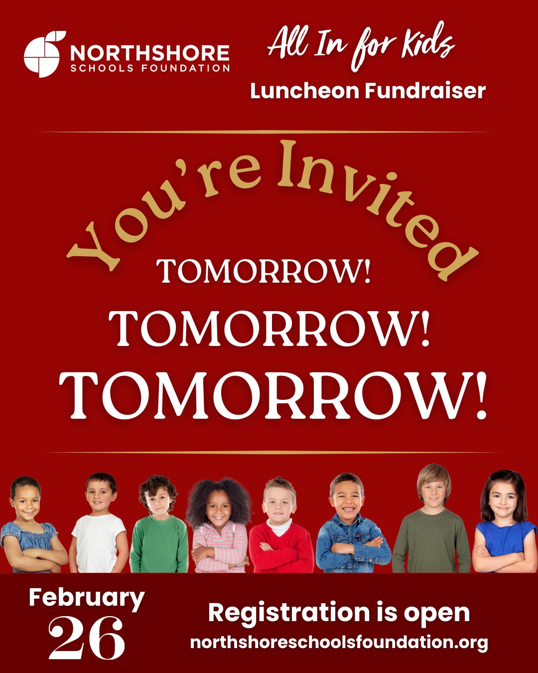 Tomorrow is the day! Join us at the All In for Kids Luncheon on Feb 26th and be part of something bigger! Let raise critical funds for our Northshore kids and teachers. We can't do it without YOU!

Join our community and secure your seat today: Link in bio

Questions? Email: kimm@nsdfoundation.org

#northshoreschoolsfoundation #northshore