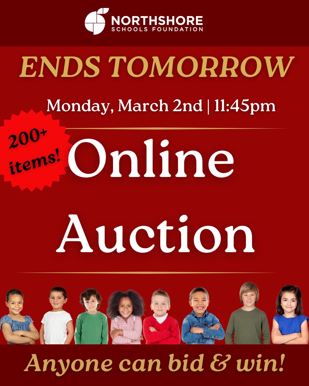 ENDS TOMORROW! There's over 200 incredible items up for grabs on our All In for Kids Online Auction! Closes on Monday, March 2 at 11:45 PM.

Get in those last minute bids!

Our Online Auction Page: Link in bio

Questions? Email: kimm@nsdfoundation.org

#northshore #northshoreschoolsfoundation
