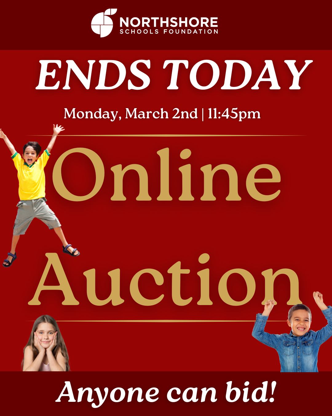 This is it, folks! Our online auction closes TODAY at 11:45 PM. Get in your last minute bids!

Our Online Auction Page: Link in bio

Questions? Email: kimm@nsdfoundation.org

#northshore #northshoreschoolsfoundation