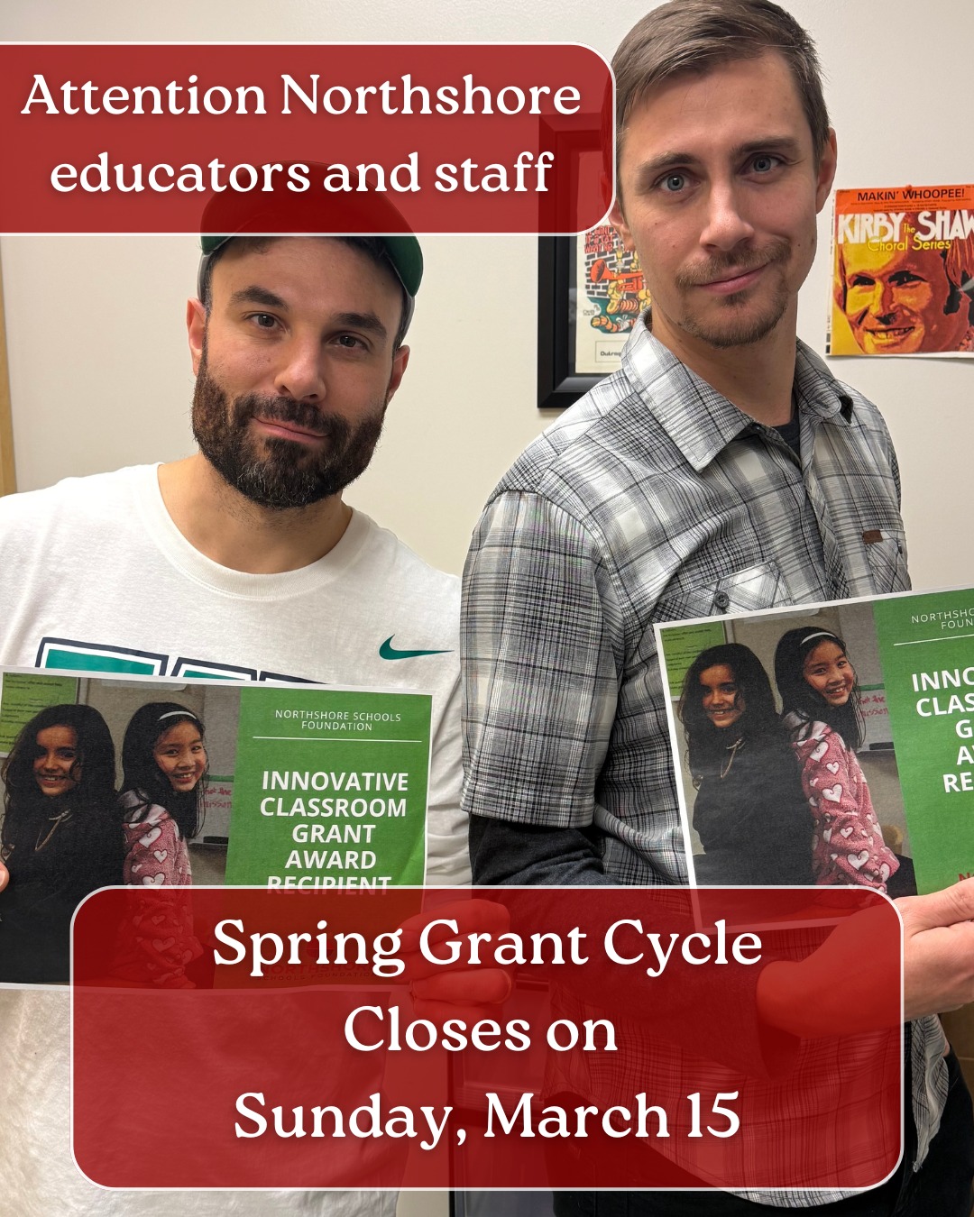 Hey Northshore educators and staff! Just a friendly reminder that the Foundation's spring grant cycle closes this Sunday, March 15. We can't wait to see the incredible learning opportunities we will fund this cycle!

Questions on grants? Email: fereshta@nsdfoundation.org

#northshoreschoolsfoundation