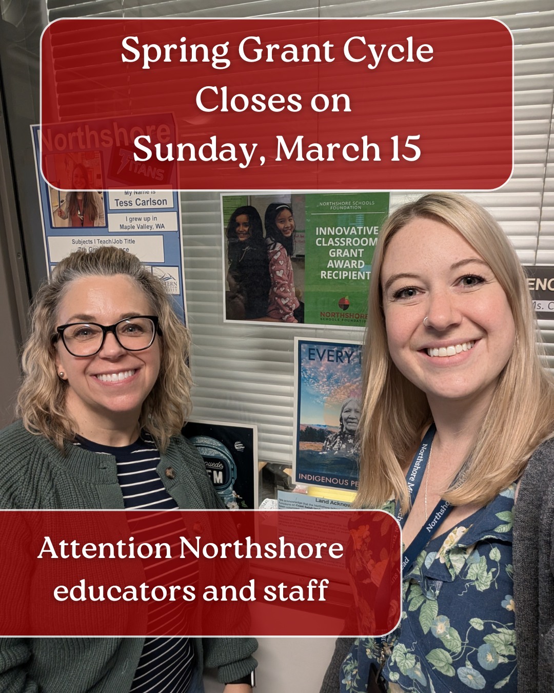 Hey Northshore educators and staff! Just a friendly reminder that the Foundation's spring grant cycle closes this Sunday, March 15. We can't wait to see the incredible learning opportunities we will fund this cycle!

Questions on grants? Email: fereshta@nsdfoundation.org

#northshoreschoolsfoundation