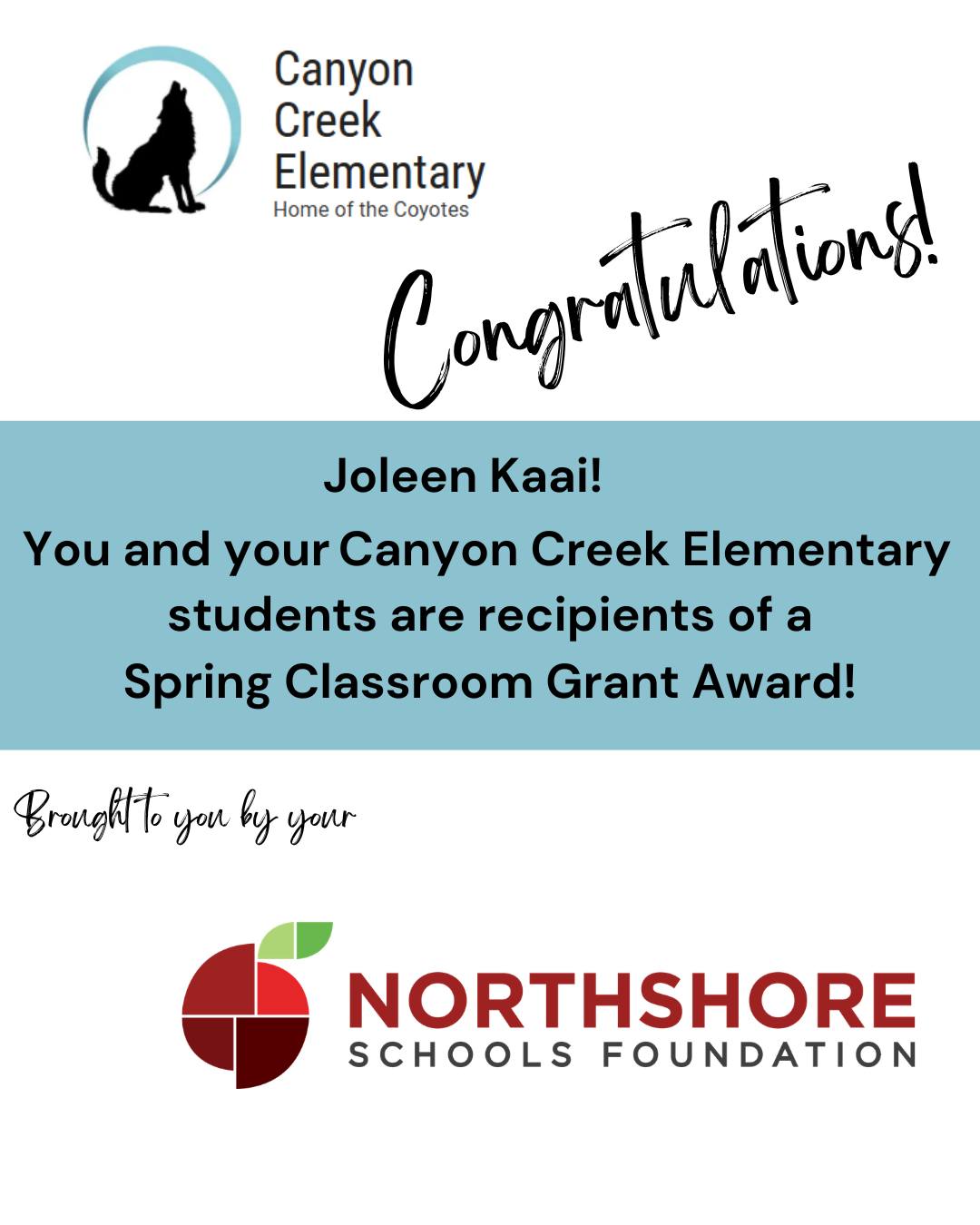 Congrats Joleen at Canyon Creek Elementary!

Meet the Foundation's 2026 Spring Grant Winners: Link in bio

Northshore staff and educators: our 2026 fall grant cycle opens on Aug. 1, 2026

All In for Kids!

#northshoreschoolsfoundation #classroomgrant