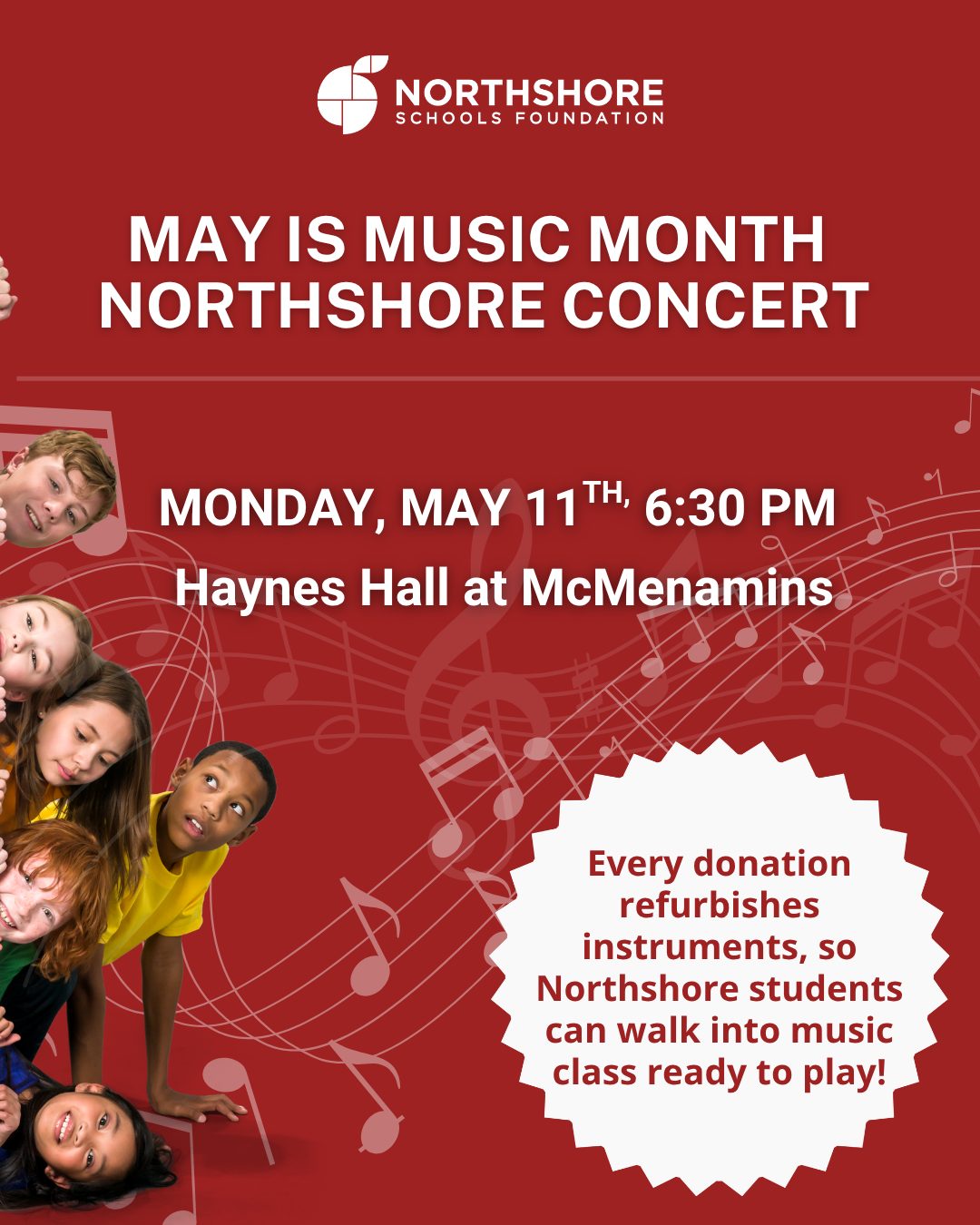 🎵 Hey Northshore! May is Music Month Concert Fundraiser: A family friendly event dedicated to showcasing Northshore musicians!

Date: Monday, May 11th

Time: 6:30-8:00 PM

Location: Haynes Hall at McMenamins Anderson School

Event info: Link in bio

All In for Kids!
#northshoreschoolsfoundation