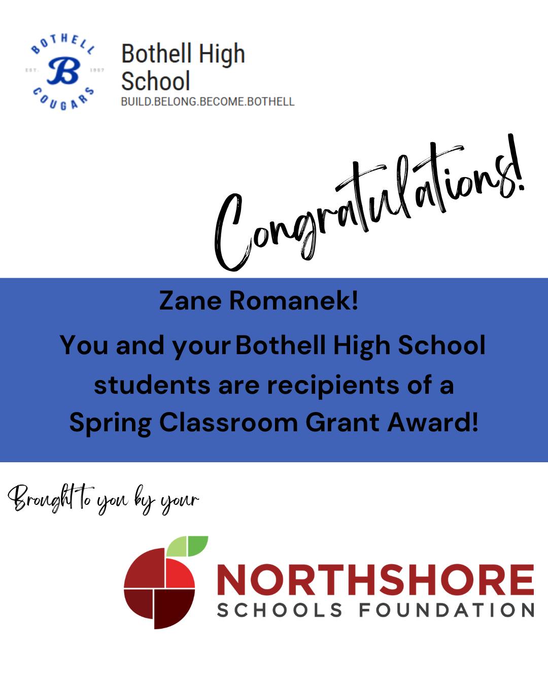 Congrats Zane at Bothell HS!

Meet the Foundation's 2026 Spring Grant Winners: Link in bio

Northshore staff and educators: our 2026 fall grant cycle opens on Aug. 1, 2026

All In for Kids!

#northshoreschoolsfoundation #classroomgrant