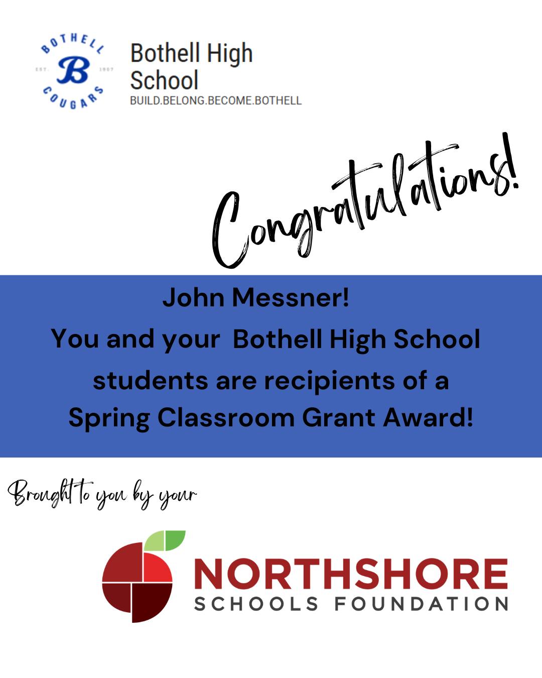 Congrats John at Bothell HS!

Meet the Foundation's 2026 Spring Grant Winners: Link in bio

Northshore staff and educators: our 2026 fall grant cycle opens on Aug. 1, 2026

All In for Kids!

#northshoreschoolsfoundation #classroomgrant