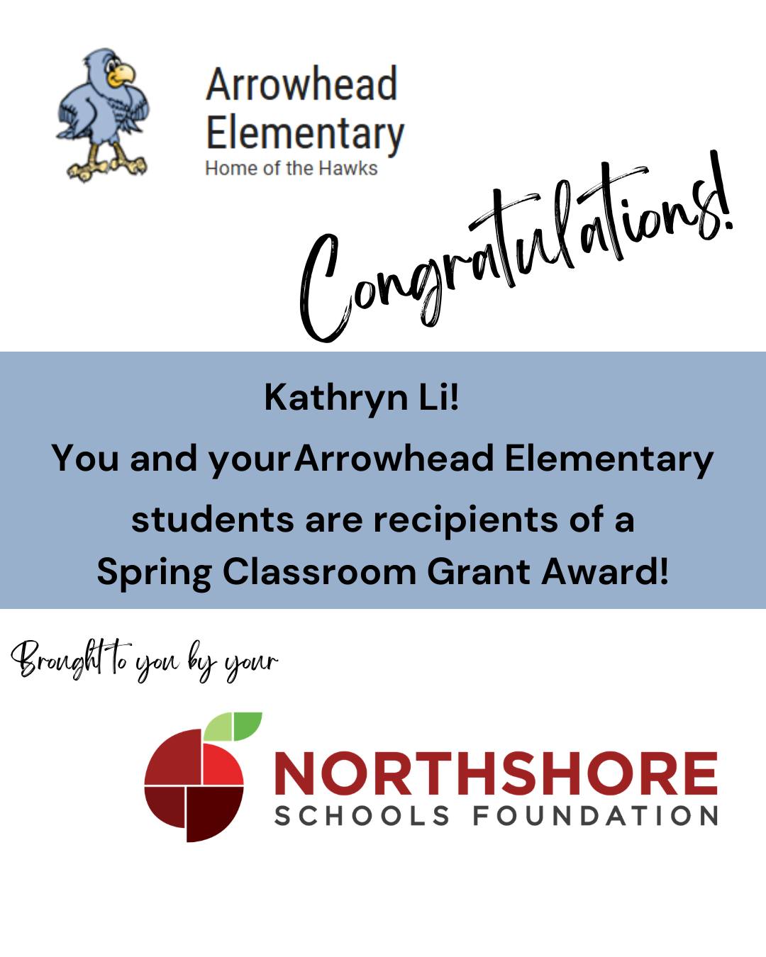 Congrats Kathryn at Arrowhead Elementary!

Meet the Foundation's 2026 Spring Grant Winners: Link in bio

Northshore staff and educators: our 2026 fall grant cycle opens on Aug. 1, 2026

All In for Kids!

#northshoreschoolsfoundation #classroomgrant