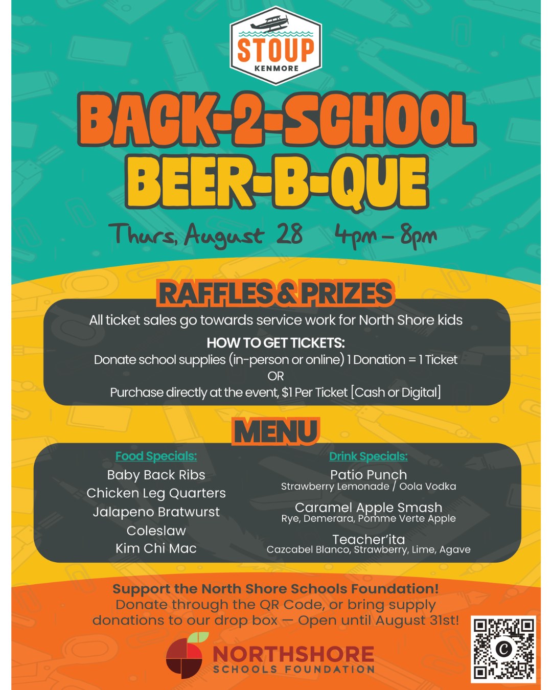 SAVE THE DATE: Beer B Que is back at @stoupbrewing_kenmore on Thursday, August 27th!

Come hungry. Come with friends. See you there!

All In for Kids!
#northshoreschoolsfoundation