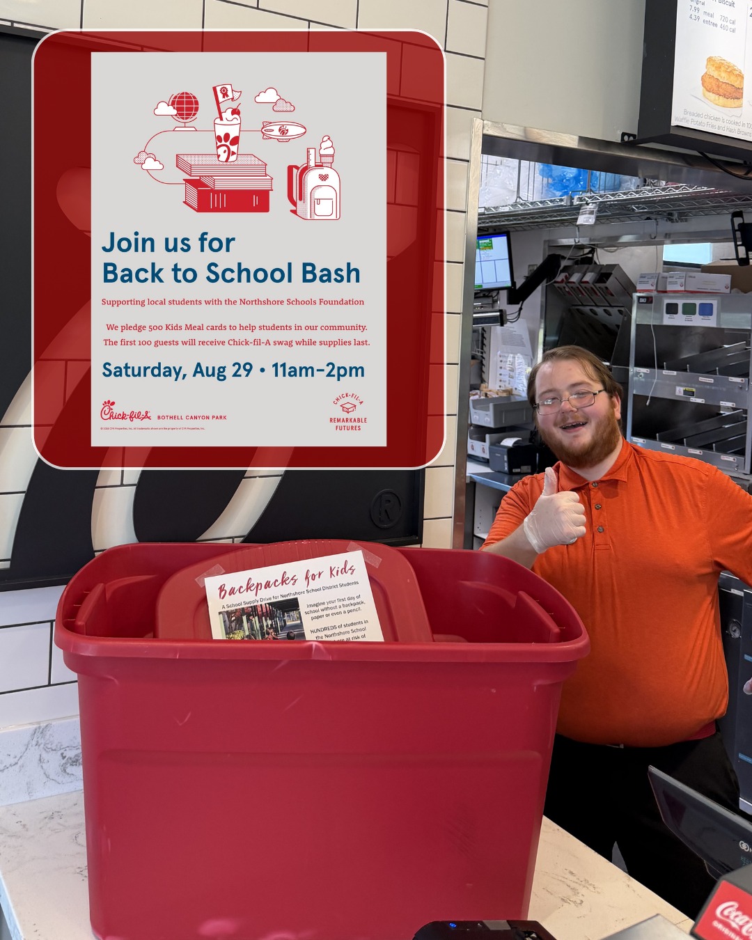 TOMORROW: We're at Chick-fil-A Bothell Canyon Park's Back to School Bash on Saturday, August 29 from 11 AM–2 PM.

Digitally donate to our Backpack online store on-site and Chick-fil-A will reward you with Kids Meal cards for the first 500 donors! Plus, the first 100 donors will get some fun swag.

See you at @cfa_bothellcanyon and look for us in red t-shirts! All In for Kids! 
#northshoreschoolsfoundation