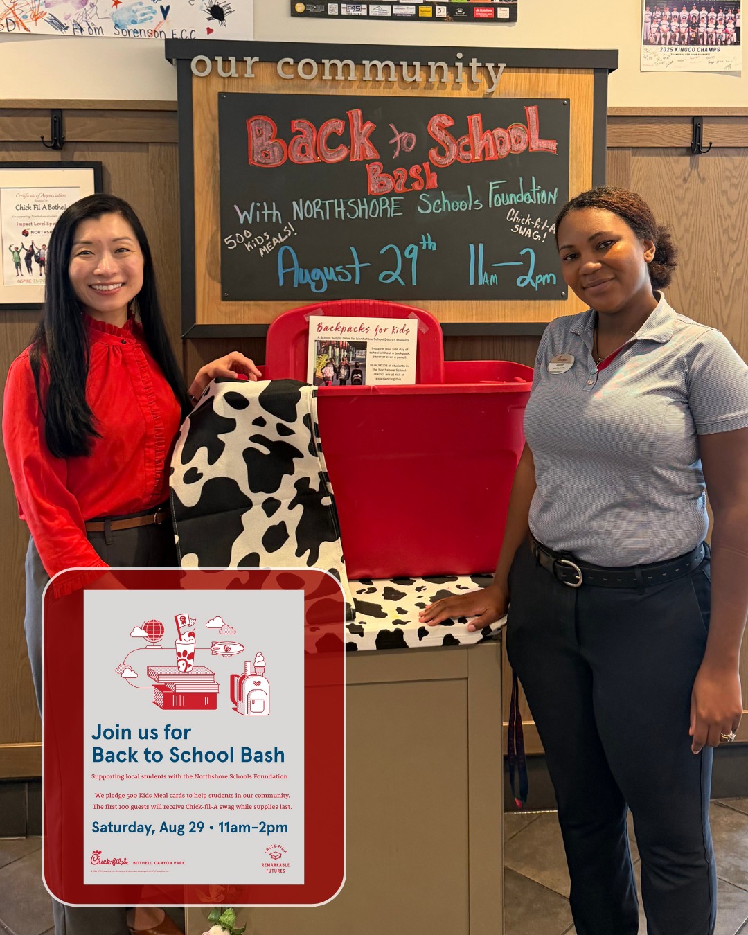 ONE WEEK AWAY: Mark your calendars! We're at Chick-fil-A Bothell Canyon Park's Back to School Bash on Saturday, August 29 from 11 AM–2 PM.

Digitally donate to our Backpack online store on-site and Chick-fil-A will reward you with Kids Meal cards for the first 500 donors! Plus, the first 100 donors will get some fun swag.

See you there at @cfa_bothellcanyon! All In for Kids!

#northshoreschoolsfoundation