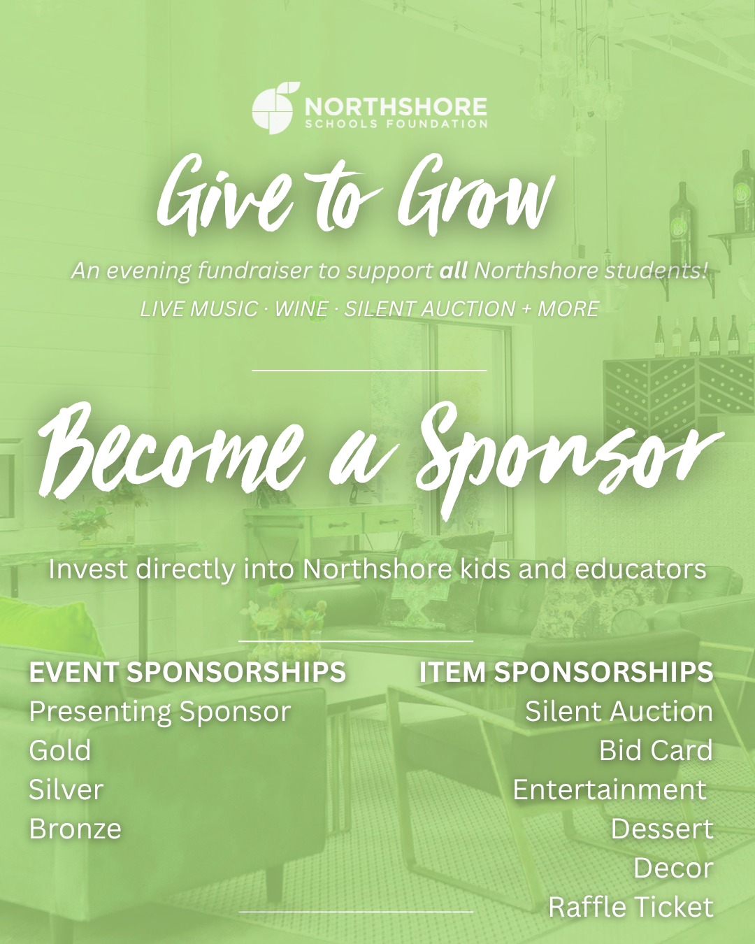 Sponsorships are open for Give to Grow! Join Northshore Schools Foundation in supporting 22,000+ Northshore students by becoming a sponsor for our fall fundraiser on Saturday, November 7th at Sparkman Cellars.

It's a meaningful way to invest in our local community while connecting your brand with people who care about Northshore kids and educators.

Learn more: Link in bio

Interested? Email: kimm@nsdfoundation.org

#northshoreschoolsfoundation