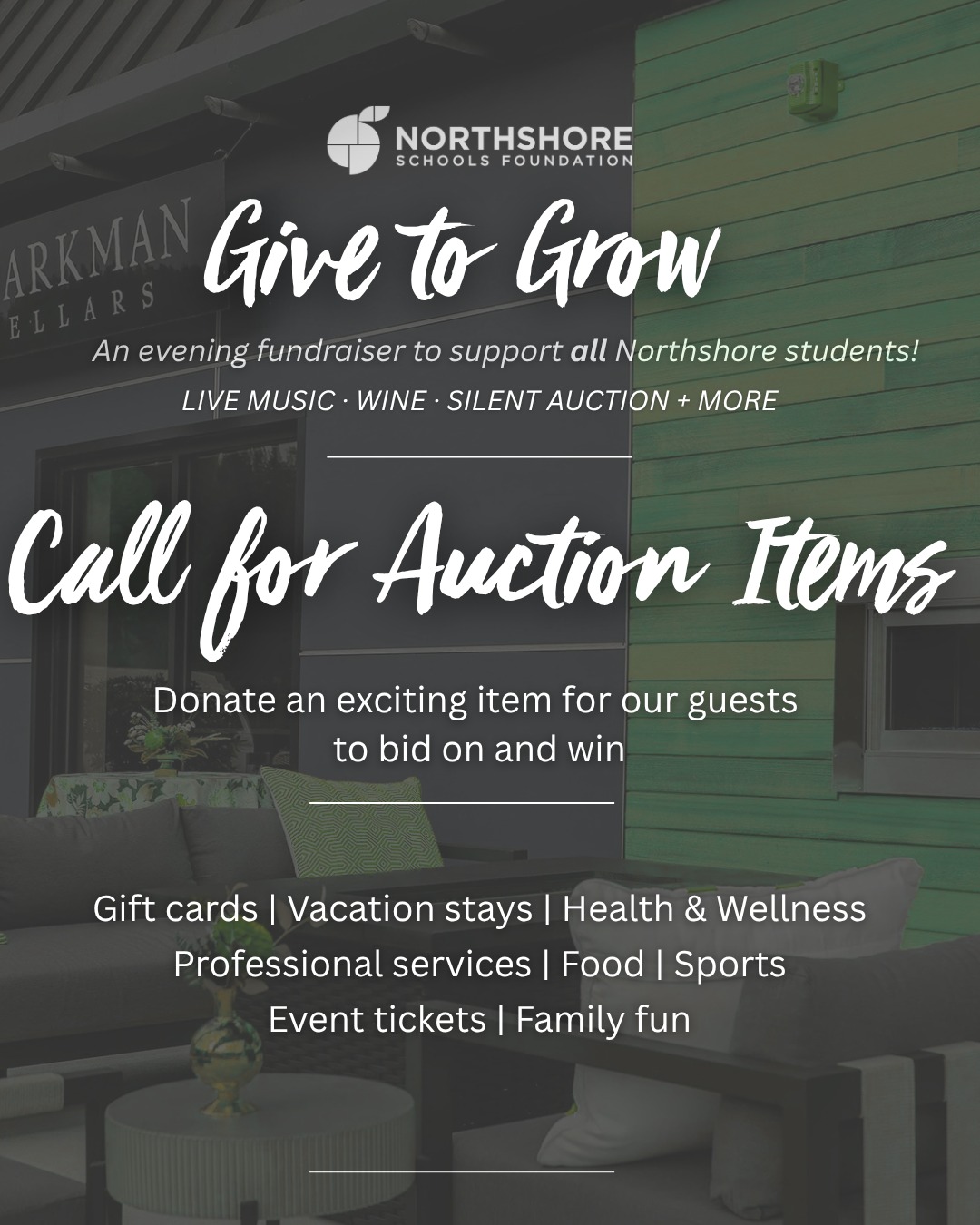 Calling all businesses and friends of Northshore! We're building our silent auction for Give to Grow fundraiser, happening on Saturday, November 7th at Sparkman Cellars, and we need your help!

Donate a gift card, experience, or item and put your name in front of a community that cares!

Learn more: Link in bio

Questions? Email: kimm@nsdfoundation.org

#northshoreschoolsfoundation