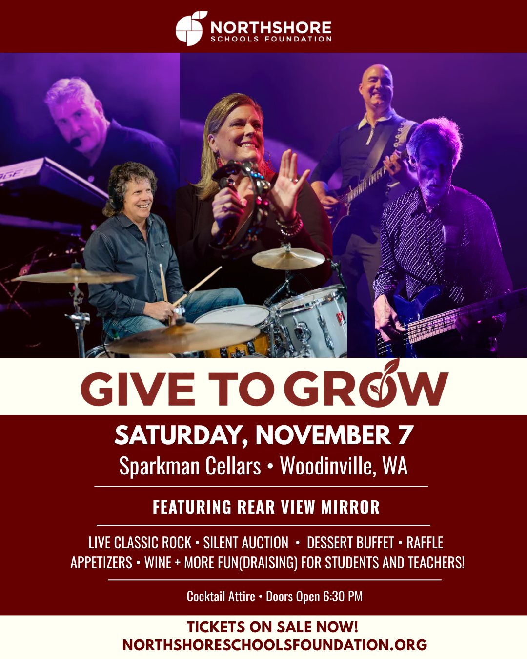 Northshore, get ready to dance the night away! Rear View Mirror is bringing all your favorite classic rock hits live at Give to Grow, our fall fundraiser benefiting Northshore students and educators.

Tickets are on sale NOW so buy yours today and see you on Saturday, Nov. 7th at Sparkman Cellars in Woodinville.

Buy your ticket today: https://bit.ly/4r13e7r

All In for Kids!

#northshoreschoolsfoundation